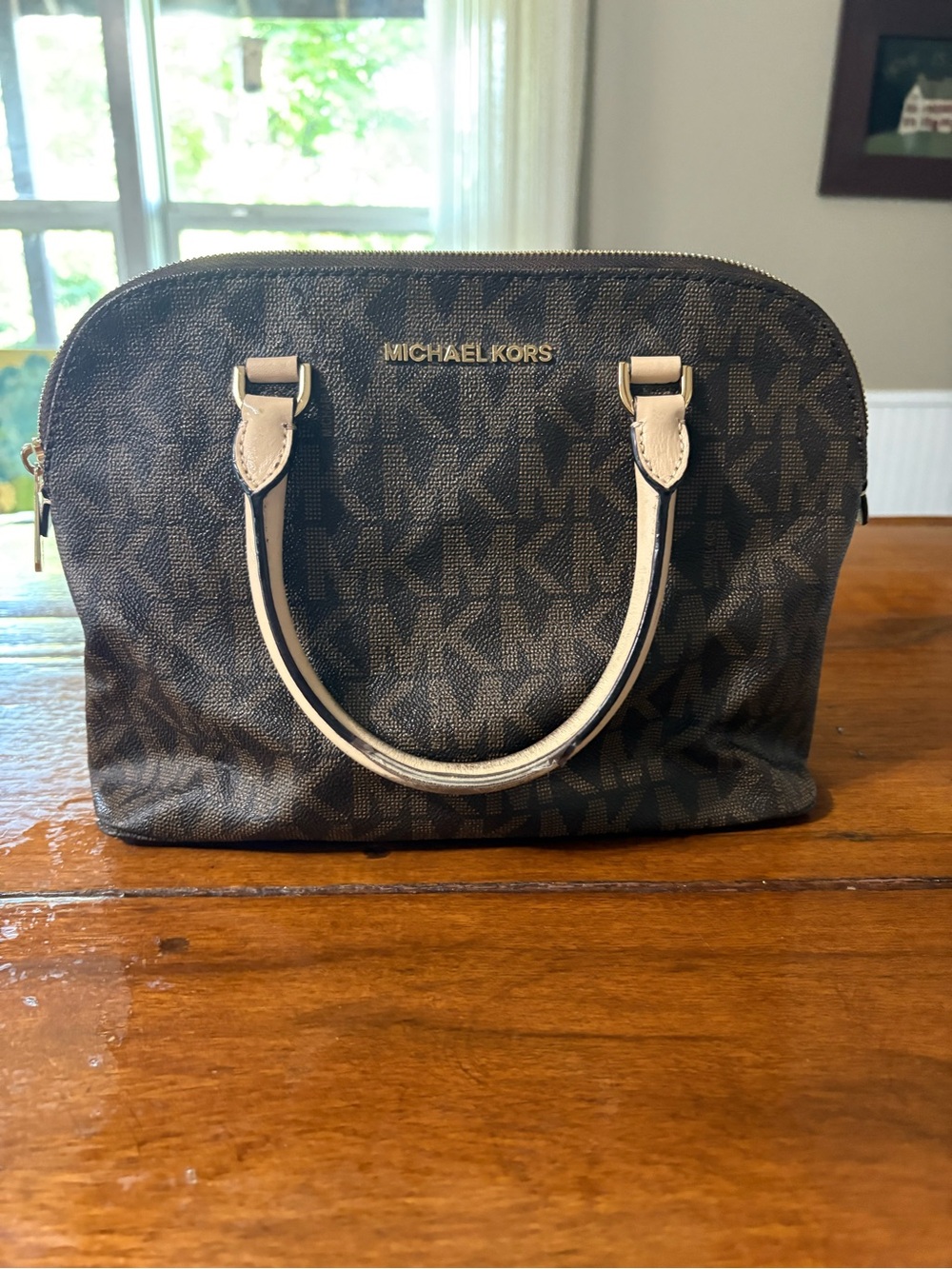 Michael Kors Brown MK Signature Satchel with Cream Handles